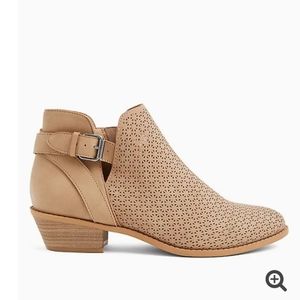 Taupe Faux Leather Side Buckle Laser Cut Ankle Bo